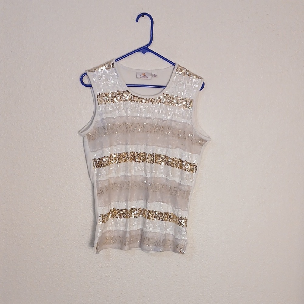 Quacker Factory Gold and White Sequin Tank Top